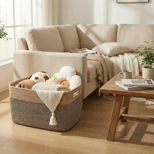 JMvicyroam Woven Blanket Basket,96L Large Storage Bin for Blankets Toys Clothes,Decorative Rope Basket for Living Room Bedroom with Handles, Jute&Black - color: Jute&Black, size: 96L