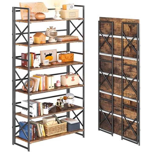 4NM Extra Wide 6 Tiers No Assembly Book Shelves, 61.8" H Folding Bookshelf Bookcase Open Industrial Foldable Shelves for Bedroom, Living Room, Home Office - Rustic Brown Black - color: Rustic Brown Black, size: Wide XX 6-Tier
