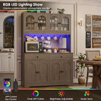 HIFIT 71" LED Kitchen Pantry Cabinet with Power Outlet, Large Kitchen Hutch Storage Cabinet with Arched Door, Shelves, 2 Drawer, Tall Farmhouse Coffee Bar w/Hutch for Home Dining Living Room, Ash Grey - color: Ash Grey