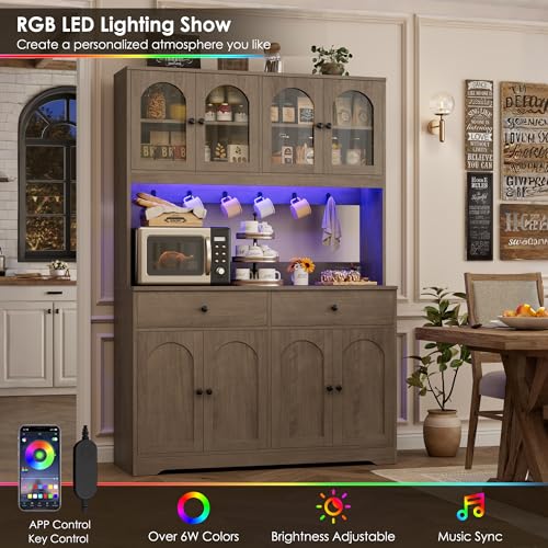 HIFIT 71" LED Kitchen Pantry Cabinet with Power Outlet, Large Kitchen Hutch Storage Cabinet with Arched Door, Shelves, 2 Drawer, Tall Farmhouse Coffee Bar w/Hutch for Home Dining Living Room, Ash Grey - color: Ash Grey