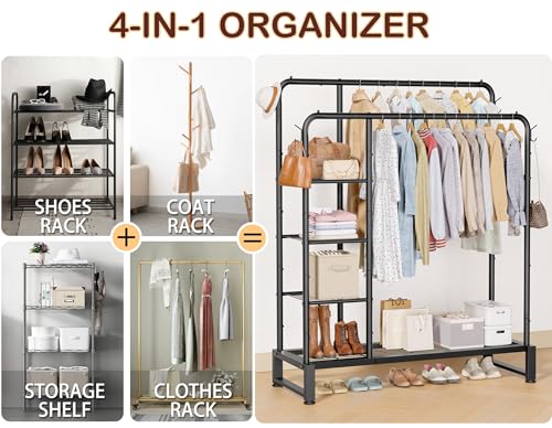 Double Rods Clothes Rack Clothing Rack with 4 Tier Storage Shelves Clothes Rack for Hanging Clothes Multifunctional Heavy Duty Clothes Organizer with Hooks for Bedroom,Wardrobe Closet,Shop,Black - color: Black