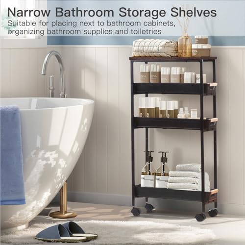 5 Tier Slim Rolling Storage Cart with Wood Top, Narrow Laundry Room Organizer for Tight Gaps, Metal Bathroom Gap Filler, Kitchen Pantry Trolley, Small Spaces (Black) - color: Black