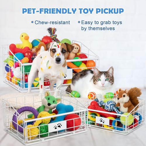 Mimorou 3 Pack Metal Dog Toy Baskets Multi-sized Foldable Dog Toy Bins Box Storage Container Organizer for Living Room Area Decorative Pet Accessories Coat Clothing Storage Holder Baskets(White) - color: White