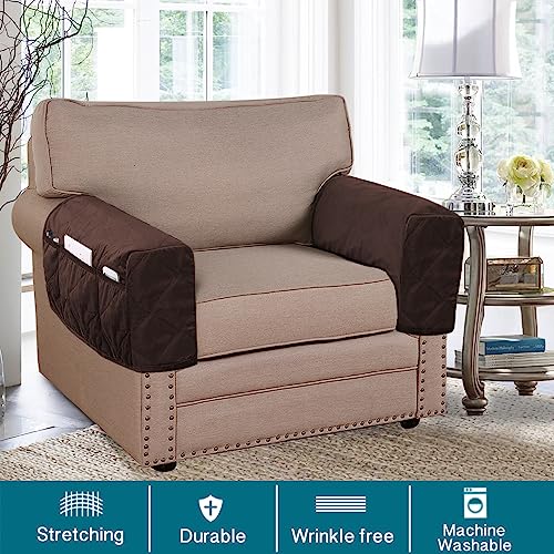 Non-Slip Sofa Armrest Protector,Thick Velvet Armrest Covers for Chairs and Sofas Couch with Side Pocket,Armrest Storage Organizer,Washable Arm Covers for Dogs，Set of 2 (Brown) - color: Brown