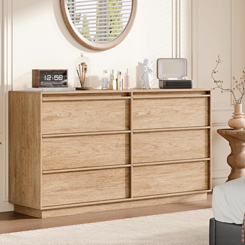Ieejdn 55.12" Modern Chest of Drawer, 6 Deep Drawers,Clothes Organizer,Large Storage Cabinet for Living Room, Bedroom,Dresser TV Stand, Wood Drawer Organizer for Living Room, Hallway, Oak - color: Oak, size: 15.8"D x 55.1"W x 31.9"H (6 Drawers)