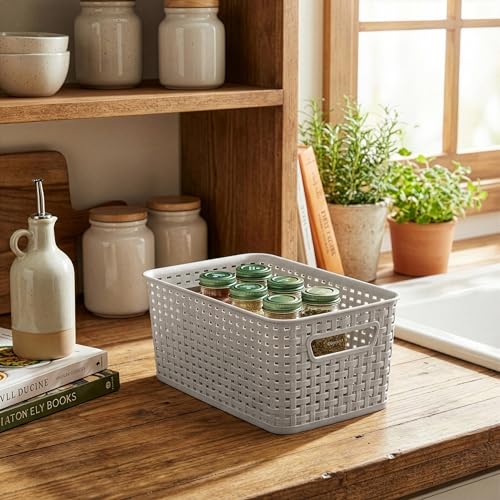 BINO | Plastic Storage Baskets, 5.5 Liter - 3 Pack, Natural Grey | THE WOVEN COLLECTION | Storage Basket for Shelves | Woven Storage Baskets for Organizing Bins Pantry Shelf Organizer | Container Bin - color: Natural Grey, size: 5.5L | 3-Pack