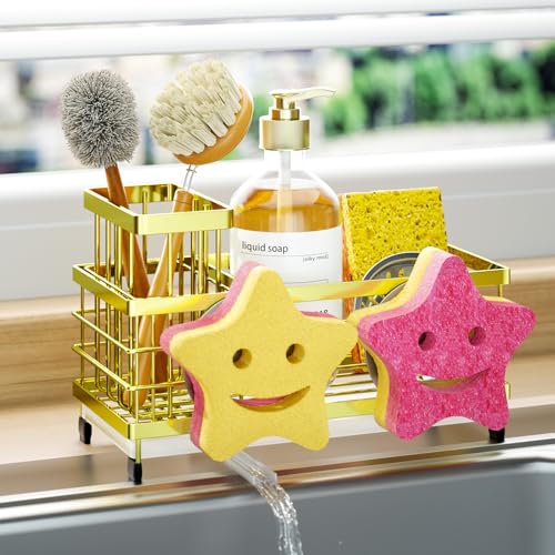 HapiRm Sink Caddy Sponge Holder - Self-draining Kitchen Sink Organizer with Smiley Face and Brush Holder, Stainless Steel Kitchen Sponge Caddy for Countertop - Gold - color: Gold, size: with Smiley Face Sponge Holder