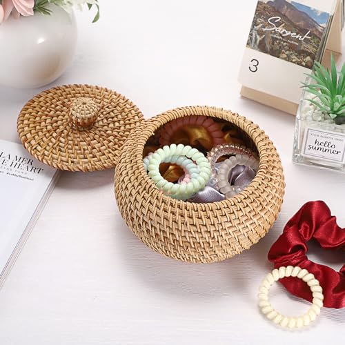 Hipiwe Round Rattan Basket Boxes With Lid Hand-Woven Wicker Storage Baskets Bin Decorative Basket Box Multi-Purpose Picnic Food Bread Basket Small Keys Basket Bowl for Entryway (X-Small,4.7"x3.3") - size: X-Small,4.7"x3.3"