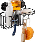 HASKO Shower Caddy Suction Cup, Shower Shelf with Soap Dish and Hooks Organizer, Suction Bathroom Shelf for Storage, Wall Mounted Basket, Black - color: Black (1 Pack)