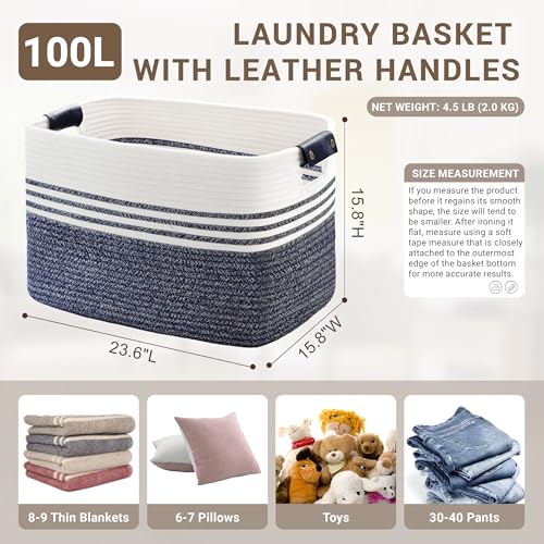 100L Extra Large Laundry Basket with Leather Handles for Living Room Storage,Woven Rope Baskets for Blanket,Kids Toy,Gifts,Wicker Hamper for Bedroom Dirty Clothes,24"x16"x16" Denim Blue - color: Denim Blue, size: 100L