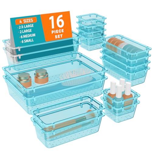 WOWBOX 16 PCS Plastic Drawer Organizer Set, 4 Sizes Desk Drawer Organization and Storage Containers for Makeup, Cosmetics, Jewelry and Gadgets in Kitchen, Bathroom, Bedroom, Office, Clear Sea Blue - color: Sea Blue, size: 16 PCS