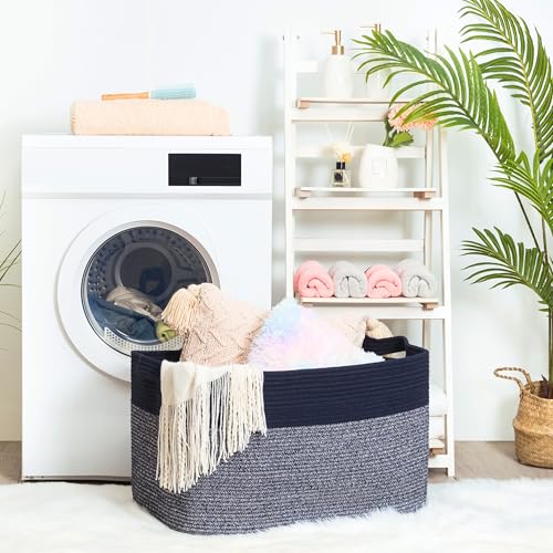 MINTWOOD Design 22in Extra Large Blanket Basket Holder for Living Room, Rectangle Rope Woven Storage Bin with Handles for Laundry, Pool Towels, and Shoes, Dog Toy Box Organizer, Navy Blue - color: Navy Blue