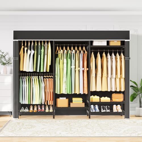 Ulif E13C Heavy Duty Closet Organizer System，Freestanding Clothing Racks for Hanging Clothes，Adjustable Garment Rack 63" W x 16" D x 77" H Hold 960 lbs，Black Clothing Rack with Black Dustproof Cover - color: Black Rack with Black Cover, size: E13C