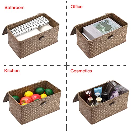 Hipiwe Wicker Shelf Baskets Bin with Lid, Handwoven Seagrass Basket Storage Bins Rectangular Household Basket Boxes for Shelf Wardrobe Home Organizer, Coffee Medium - color: Coffee, size: M