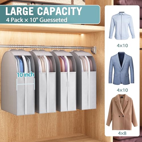 Liuoud 10" Gusseted Garment Bags for Hanging Clothes with Clear Window, 32" Suit Bags for Open Closet Storage, Clothing Cover for Coat, Dress, Jacket, Shirt, Fur Wardrobe Protector, 4 Packs - color: Grey with window, size: 32 inch