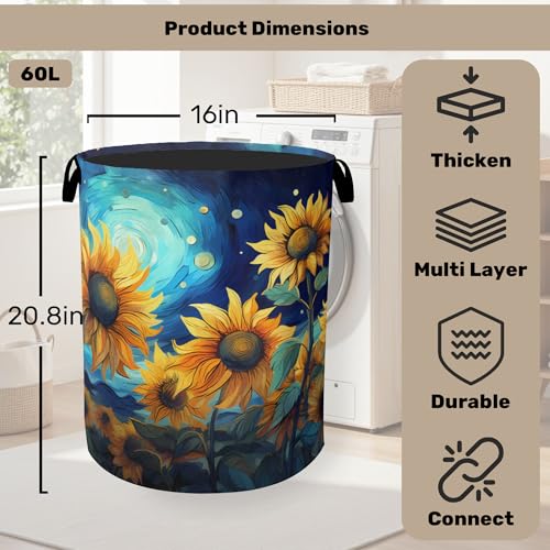 Starry Sky Sunflower Laundry Basket - Heavy Duty 60L Dirty Clothes Organizer, Water Resistant Foldable Hamper for Men Women - color: Starry Sky Sunflower