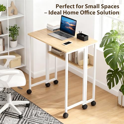 GarveeHome Folding Desk Small Rolling Desk with Storage Shelf,31.5 Inch Foldable Computer Table with Wheels,Portable Office Desk for Small Space Sofa Table,Easy to Fold - color: 31.5" Oak