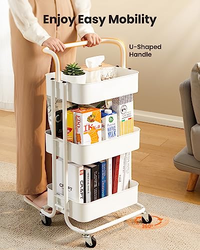 Pipishell 3 Tier Mesh Utility Cart, Rolling Metal Organization Cart with Handle and Lockable Wheels, Multifunctional Storage Shelves for Kitchen Living Room Office White - color: White, size: 3-Tier