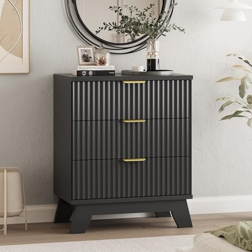 Fluted Dresser for Bedroom with 3 Drawers, 24" Wide Modern Chest of Drawers with Metal Handle, Wooden Dresser TV Stand, Wood Closet Clothes Storage Drawer Organizer for Living Room, Hallway, Black - color: Black, size: 13.8"D x 23.6"W x 30.5"H (3 Drawers)