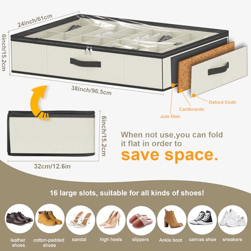 homyfort 32 Pairs Shoe Organizer Under Bed, Sturdy Underbed Shoe Storage Boxes Bins, Organizador De Zapatos, Extra Large Zapateras Organizer, Beige, Set of 2 - color: 2 Shoes (16+16 Cells) Oxford Beige, style: 32 Pairs Shoes
