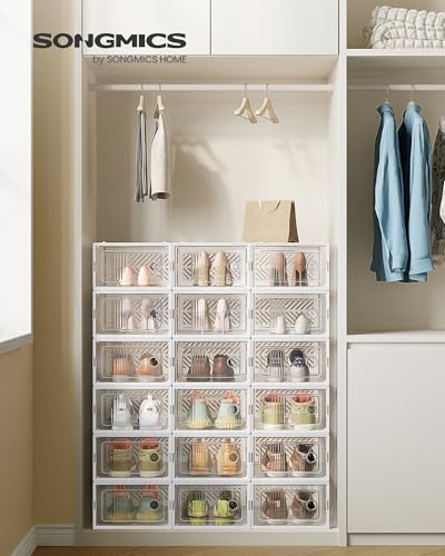 SONGMICS Stackable Shoe Boxes, Foldable Shoe Storage Organizers, Ventilated, for Max. Men's Shoes US Size 9 or Women's Shoes US Size 11, Sneakers, Set of 18, Transparent and White ULSP106W18V2 - color: Transparent + White, size: 18 Count