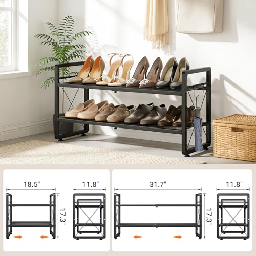 ELYKEN Shoe Rack, 2-Tier Expandable Shoe Organizer for Entryway, Metal Black Shoe Shelf with 4 Hooks, Ajustable Shoe Stand Holder for Closet, Garage, Door Entrance - size: 2-Tier