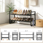 ELYKEN Shoe Rack, 2-Tier Expandable Shoe Organizer for Entryway, Metal Black Shoe Shelf with 4 Hooks, Ajustable Shoe Stand Holder for Closet, Garage, Door Entrance - size: 2-Tier