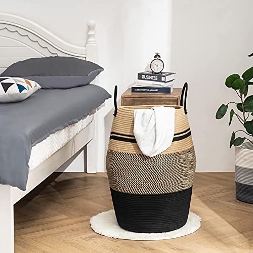 Jute Rope Laundry Hamper by YOUDENOVA, 105L - Woven Collapsible Laundry Basket - Clothes Storage Basket for Blankets organizing, Bedroom Storage, Clothes Hamper – Brown & Black - color: Jute