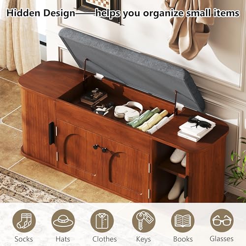 Einhomn 47.2'' Sliding Door Entryway Shoe Storage Bench with Seat Cushion, Shoe Rack with Lift-Top Hidden Storage & Adjustable Shelf, Bench for Bedroom End of Bed, Walnut - color: Walnut
