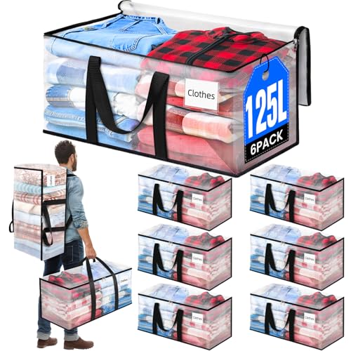 BlissTotes 6-Pack Large Moving Bags with Backpack Straps & Strong Zippers, Heavy-Duty Storage Bags Moving Boxes for Space Saving, Dorms, Transport, 125L-30 Gallons, Clear - size: 30 Gallons