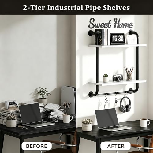 Tinpin Bathroom Shelves Wall Mounted, Rustic Farmhouse Pipe Shelves 2-Tier, Floating Shelf Wall Decor for Bathroom, Kitchen, Bedroom, Living Room Thanksgiving Day 17.3in White - color: White, size: 2 tier