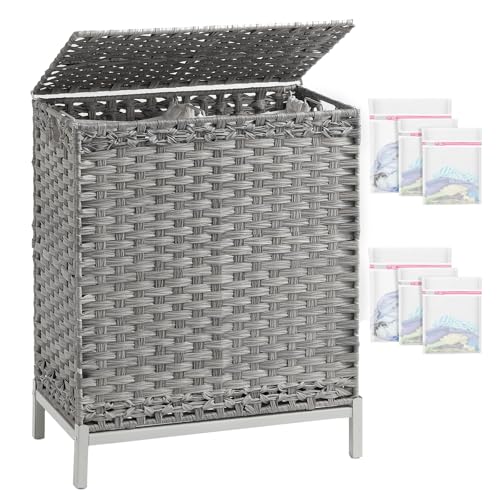 SETVSON Laundry Hamper with Lid, 112 L Handwoven Rattan Wicker Laundry Basket, 2 Removable Liner Bags Metal Heightened Feet, 6 Mesh Bags, 2 Section Large Clothes Hamper for Bathroom Bedroom, Gray - color: Gray, size: 112 L - 29.6 gal