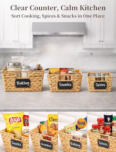 Pantry Organizers and Storage, Water Hyacinth Storage Baskets for Shelves, Natural Baskets for Organizing, Pantry Baskets with Chalkboard Labels and Marker - color: Natural