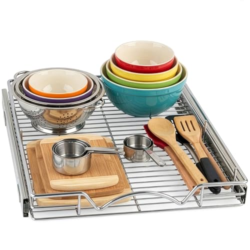HOLDN’ STORAGE Pull Out Cabinet Organizer, Heavy Duty Caddy w/Lifetime Limited Warranty -17”W x 21”D - Requires At Least 18-1/4” Cabinet Opening, Steel Metal Cabinet Drawers Slide Out, Chrome - size: 17”W x 21”D