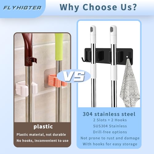 Broom and Mop Holder Wall Mounted, Heavy-Duty Stainless Steel Storage Rack with 2 Racks & 2 Hooks,Broom Organizer for Kitchen,Bathroom,Garage,Garden（BLACK - color: BLACK-2 Racks2 Hooks