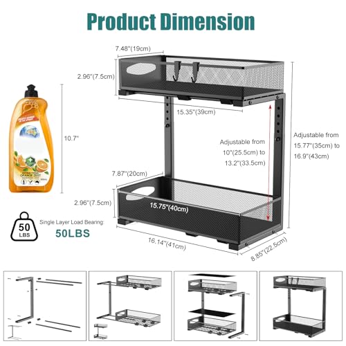 Housolution 2 Pack Under Sink Organizer, 2 Tier Metal Pull Out Under Sink Storage with Sliding Mesh Drawers, Height Adjustable Slide Out Under Sink Organizer for Kitchen Bathroom Cabinet, Black - color: Black, size: 2 Pack, Medium-8.85in Wide