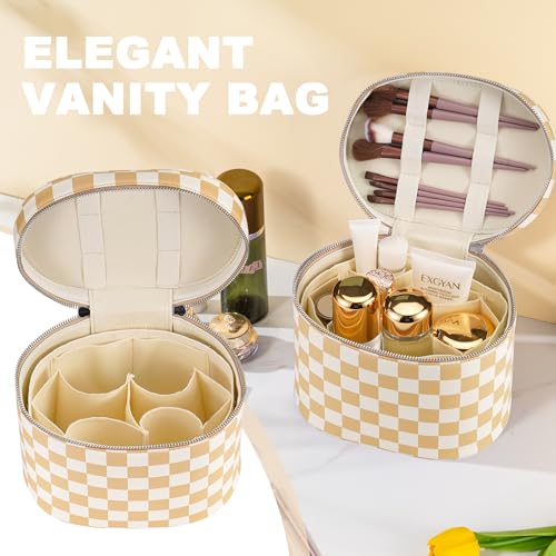 Makeup Bag Vanity Case Cosmetic Bag with Removable Divider Travel Toiletry Bag for Women Portable Make up Box Organizer, Beige and White - color: Beige and White