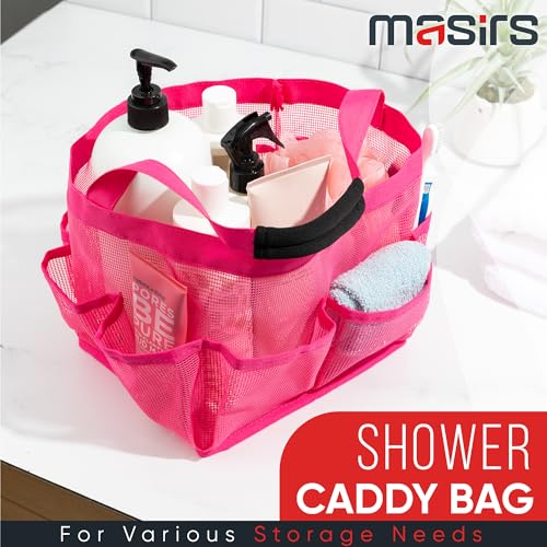 Masirs Shower Caddy Mesh - 9 Pocket Portable Bathroom Organizer Tote for Travel, Gym & Dorm - Collapsible Small Shower Caddy Bag to Hold Toiletries & Essentials (Pink) - color: Pink