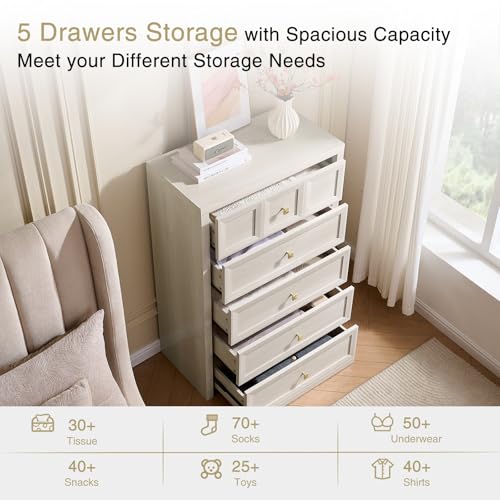 5 Drawers Dresser for Bedroom, 45.7" Tall Large Dresser & Chests of Drawers with Metal Handle, Clothes Storage Organizer Dresser w/Natural Texture for Bedroom, Living Room-Grey White - color: Beige, size: 15.6"D x 29.5"W x 45.7"H (5 Drawers)