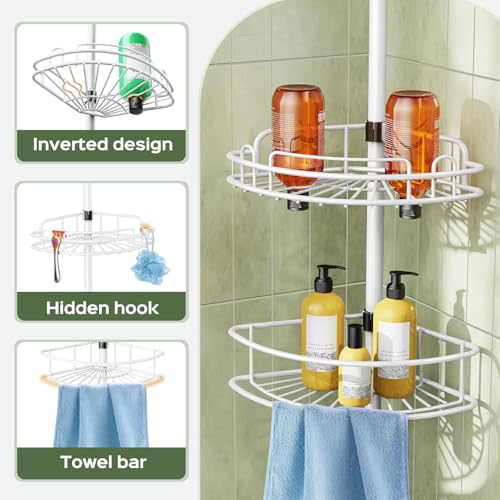 HAMITOR Corner Shower Caddy Tension Pole: Rustproof Bathroom Organizer Shelves for Bathtub Shampoo Accessories Storage Holder - 47-121 Inch Adjust - White - color: White