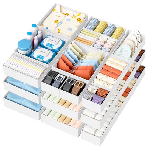 DIMJ Drawer Organizer Clothes Storage - 18 Pack Baby Dresser Organizer for Nursery, Foldable Closet Drawer Organizer Bins for Bedroom Organization, Fabric Storage Dividers for Socks, Underwears, Bras - color: White, size: 18 Pack