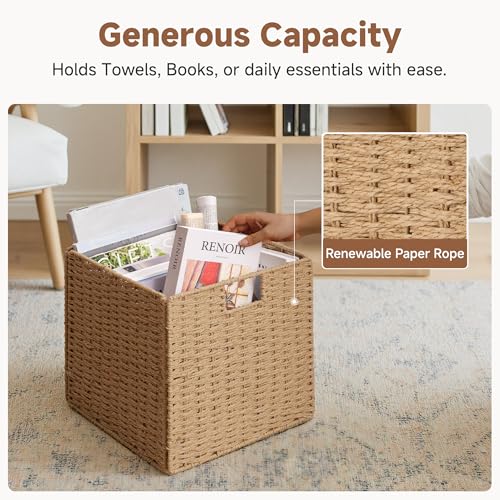 StorageWorks 13 inch Wicker Storage Baskets, Foldable Handwoven Wicker Basket for Organizing, Natural Paper Rope Square Storage Cubes, 2 Pack - color: Natural, size: 13"L x 13"W x 13"H