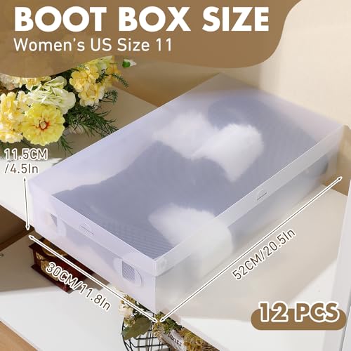 Sintuff 12 Pack Large Boot Storage Boxes with Lids for Tall Boots 20.5" x 11.8" x 4.5" Stackable Clear Plastic Shoe Organizer Container Space-saving Shoe Storage Box for Sneakers and High Heels