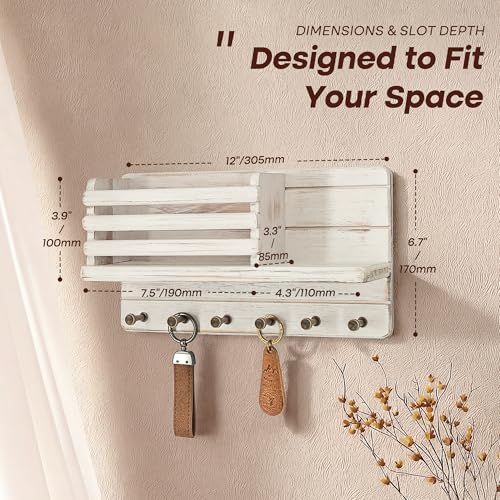 Rebee Vision Farmhouse Pine Wood Key Holder Wall Mount - Key Holder for Wall with Wooden Floating Shelf & 6 Sturdy Hooks - Storage Mail Holder for Home Decor (Whitewash) - color: Distressed White