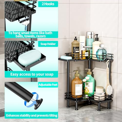 HapiRm Corner Shower Caddy Standing - 2 Tier Shower Organizer Corner with Soap Holder, Rustproof Bathroom Standing Organizer with 2 Hooks, Black - color: Black, size: 2-tier