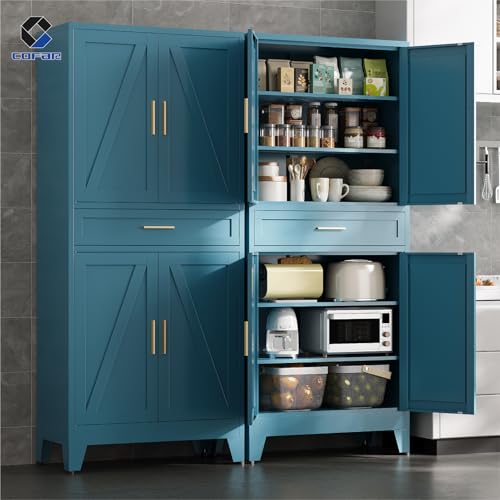 COFaR 71'' Tall Metal Pantry Cabinet with Drawer, Kitchen Storage Cabinet with 4 Doors and Shelves, Freestanding Farmhouse Food Cupboard for Kitchen Dinning Room Garage, Peacock Blue 6-Tier - color: Peacock Blue, size: 71 Tall 4 Doors 1 Drawer-Tree Door
