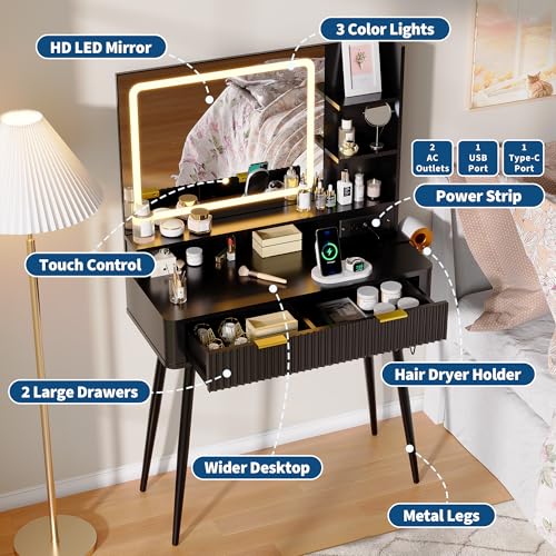 Garvee Fluted Vanity Desk with Mirror and Lights, 31 in Small Makeup Vanity Storage Cabinet & 2 Drawers, 3 Lighting Modes, Stylish Dressing Table for Bedroom - color: Deep Black