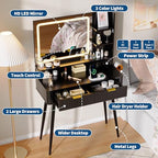 Garvee Fluted Vanity Desk with Mirror and Lights, 31 in Small Makeup Vanity Storage Cabinet & 2 Drawers, 3 Lighting Modes, Stylish Dressing Table for Bedroom - color: Deep Black