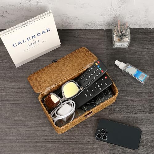Sumnacon Wicker Basket with Lid Rectangle Woven Baskets for Toiletries Tampon Storage,Wicker Storage Basket with Lid,Decorative Seagrass Storage Baskets for Shelf Bathroom Toilet Table, Caramel - color: Caramel, size: X-Small