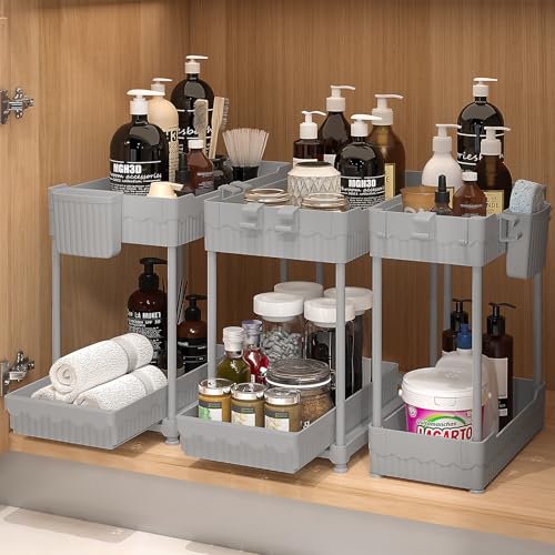 Sevenblue 3 Pack Under Sink Organizers, 2-Tier Multi-Use Kitchen and Bathroom Organizers and Storage with Sliding Drawers, Bathroom Cabinet Organizer (Gray, 12.8 Inch) - color: Gray, size: 12.8 Inch